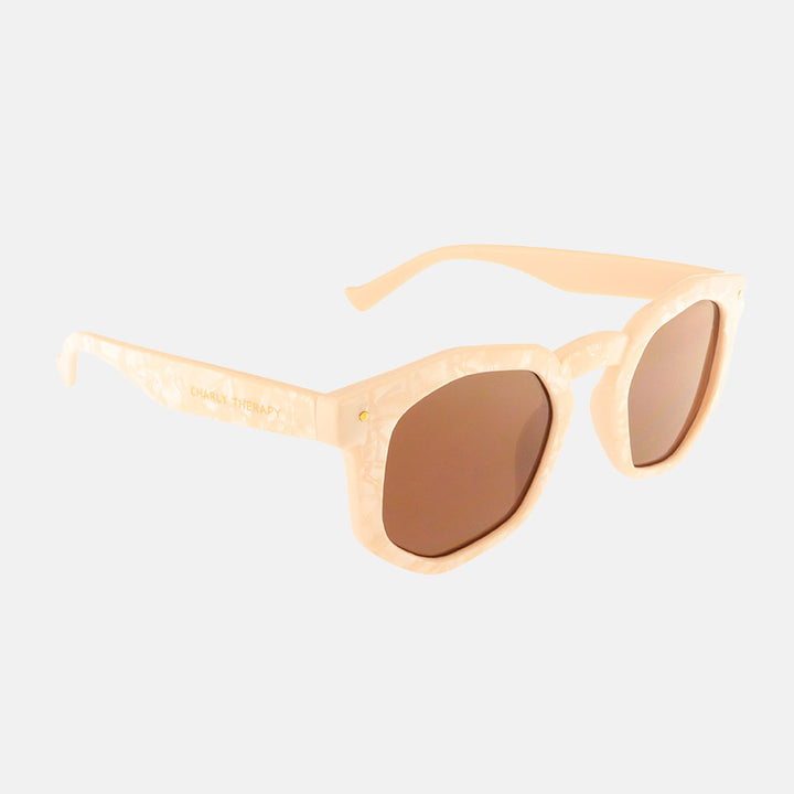 mother of pearl geometric round frame sunglasses with brown lenses