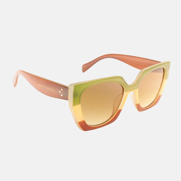 geometric cat eye sunglasses with green. natural and brown wide stripe design and brown lenses