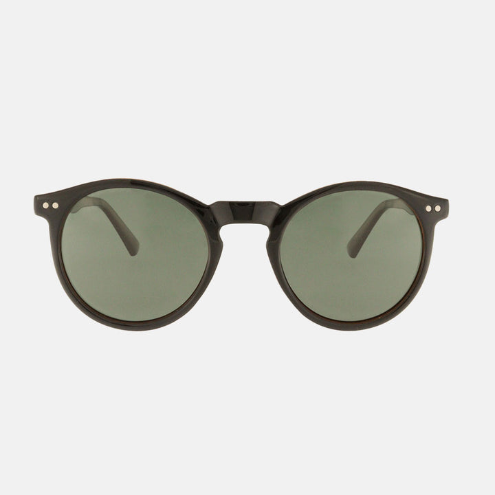 dark brown round framed sunglasses with grey polarised lenses