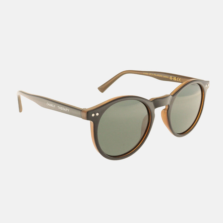 dark brown round framed sunglasses with grey polarised lenses