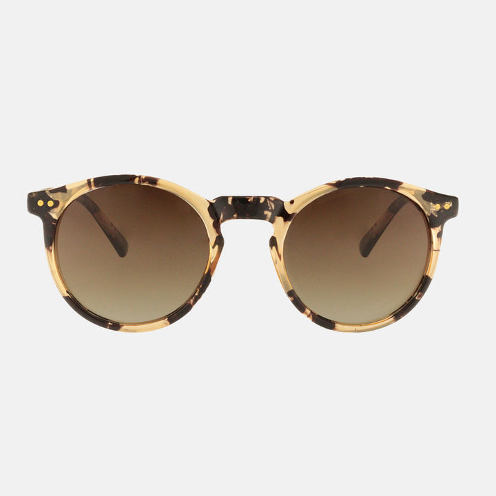 light and dark brown tortoiseshell round frame sunglasses with brown polarised lenses