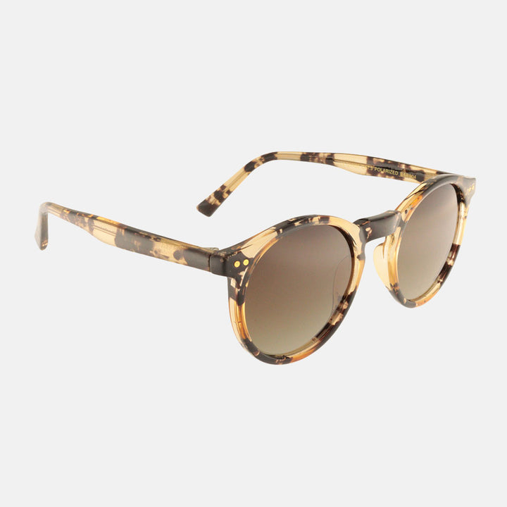 light and dark brown tortoiseshell round frame sunglasses with brown polarised lenses
