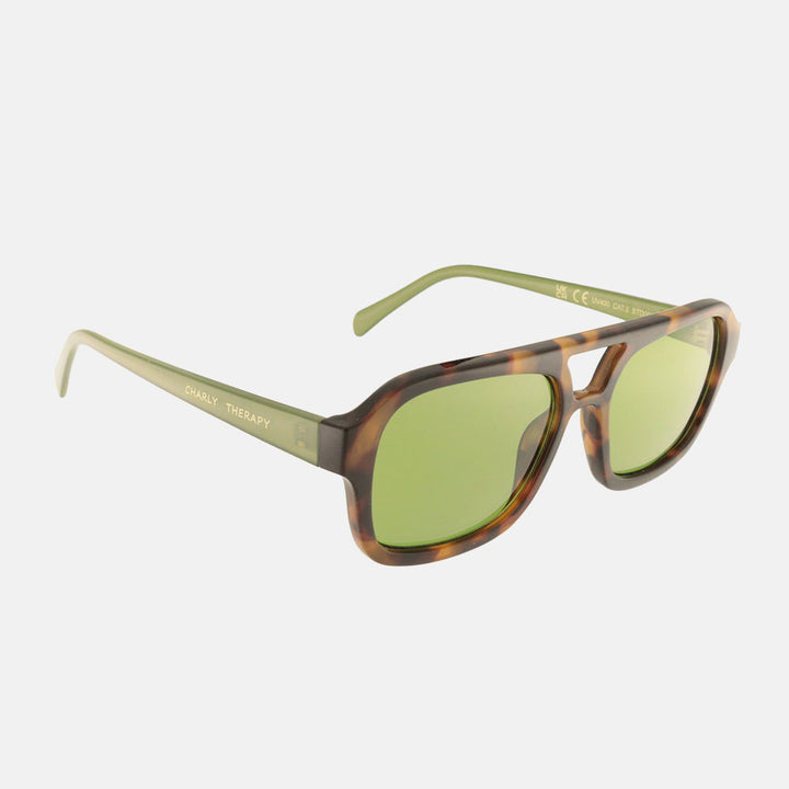 brown tortoiseshell double bridge modern aviator style sunglasses with green lenses