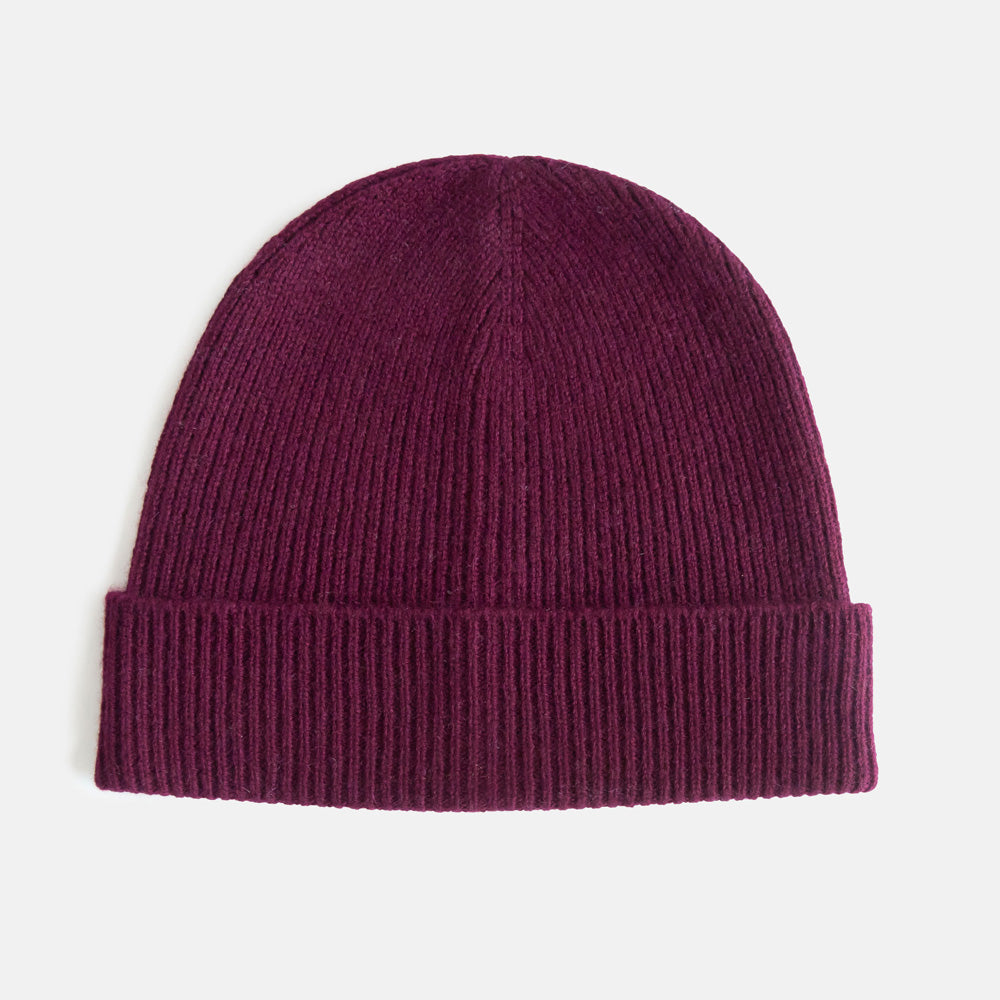 women's cashmere fine rib knit beanie hat in burgundy