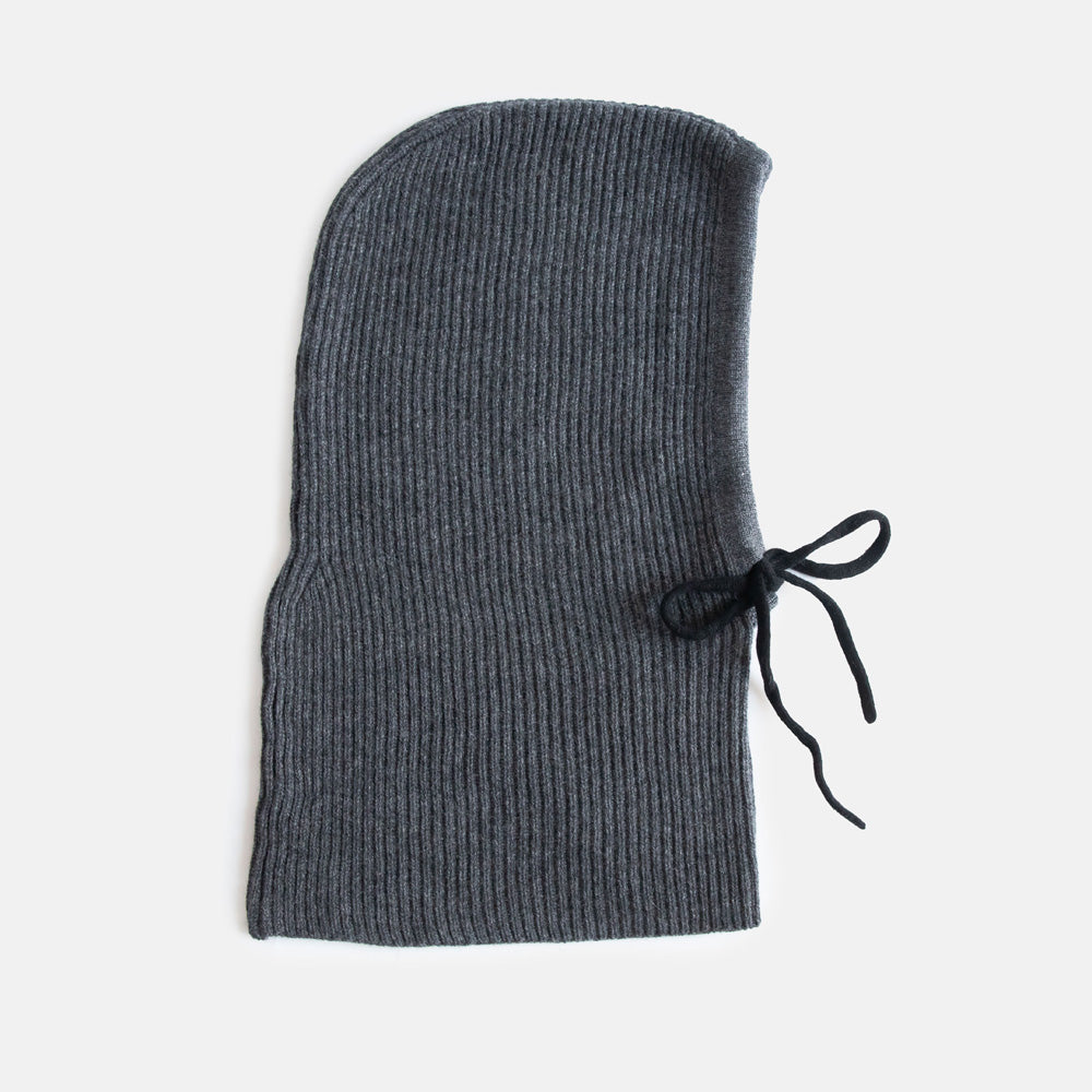 women's dark grey rib knit cashmere balaclava hood with black drawstring