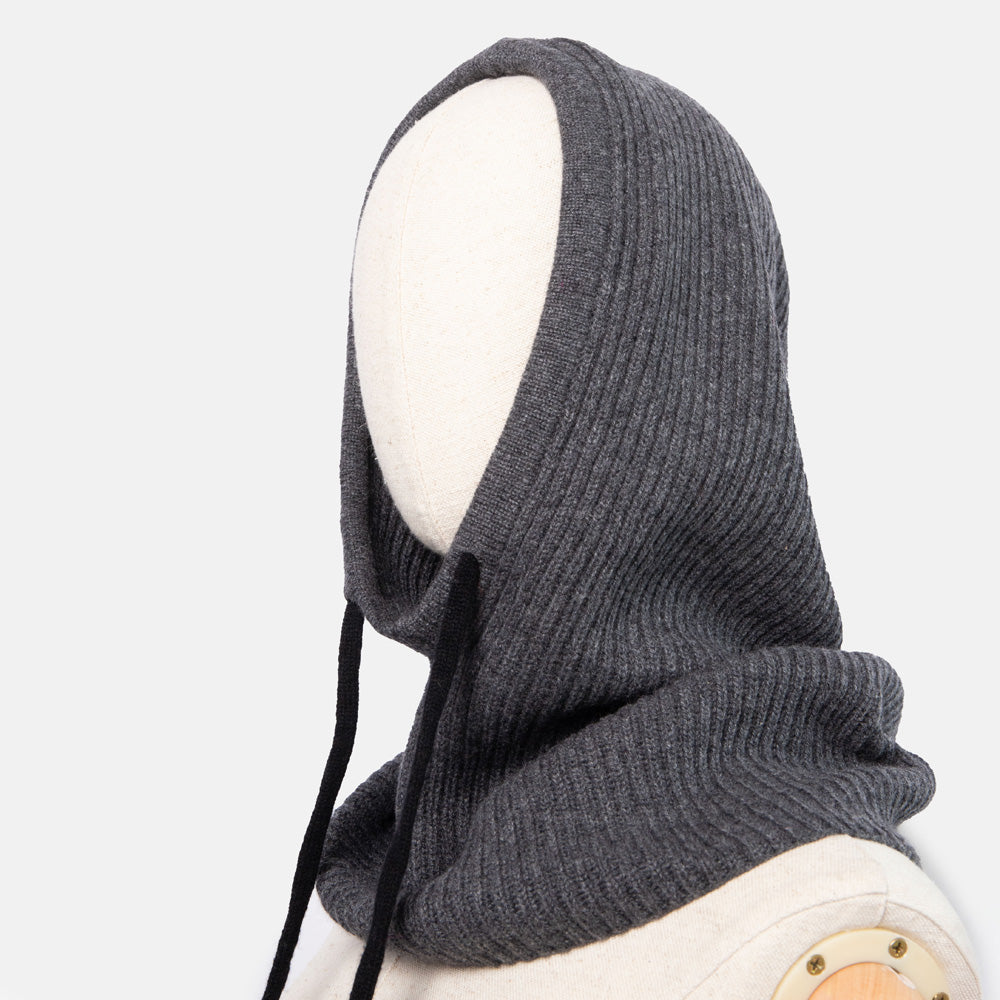 women's dark grey rib knit cashmere balaclava hood with black drawstring
