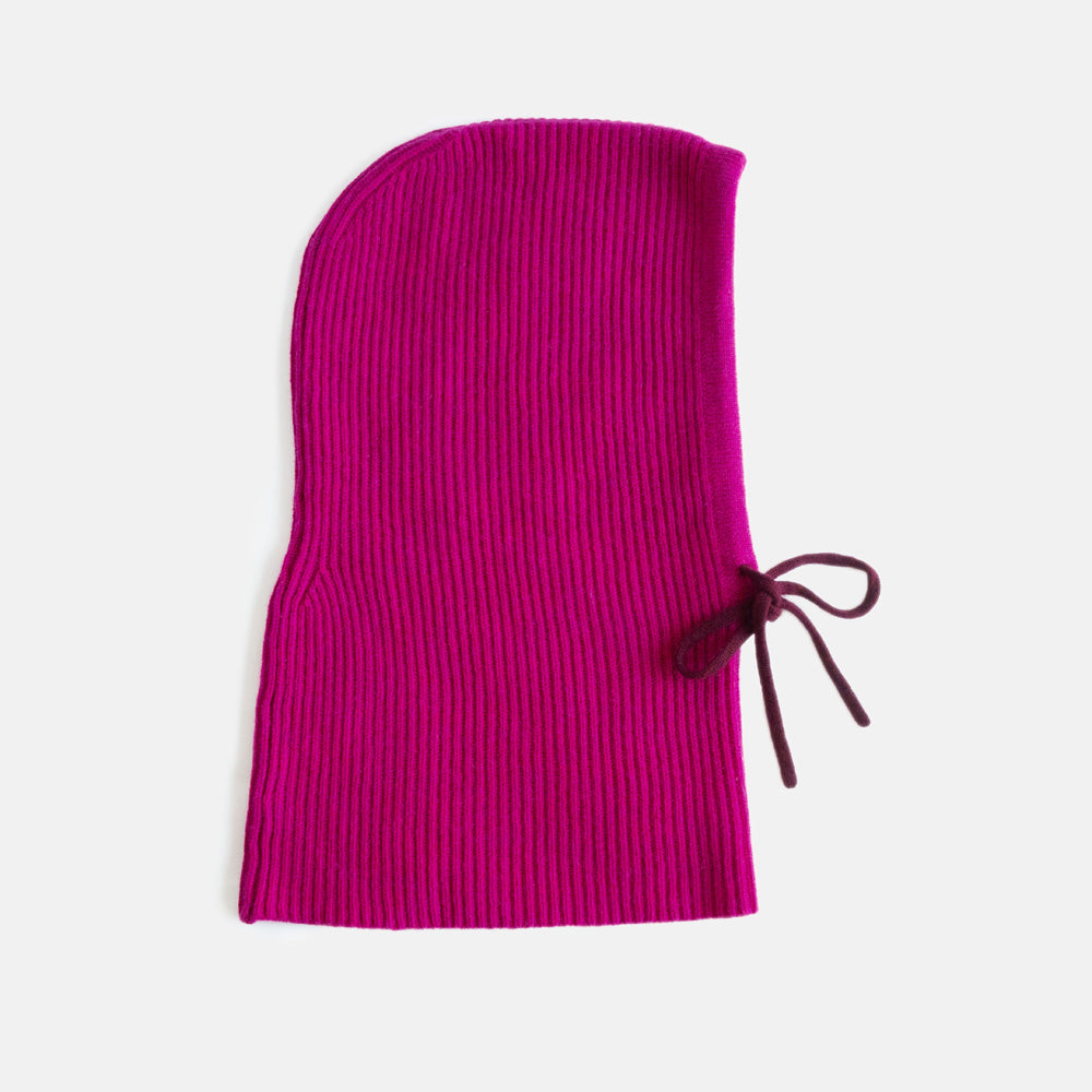 women's raspberry rib knit cashmere balaclava hood with burgundy tie