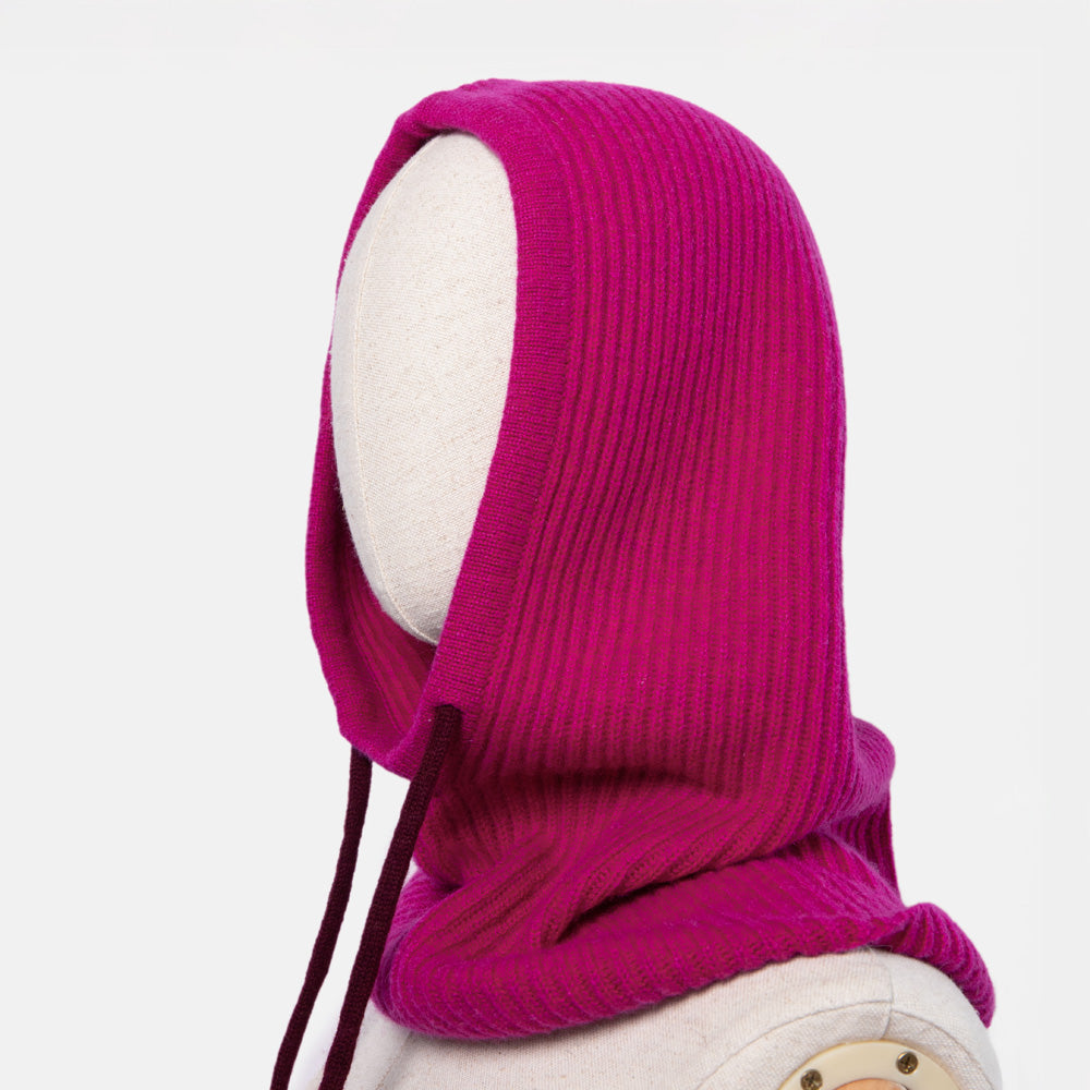 women's raspberry rib knit cashmere balaclava hood with burgundy tie