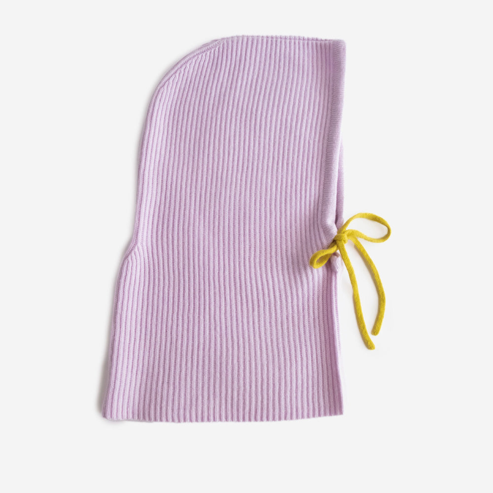 women's lilac knitted cashmere balaclava hood with contrast yellow tie