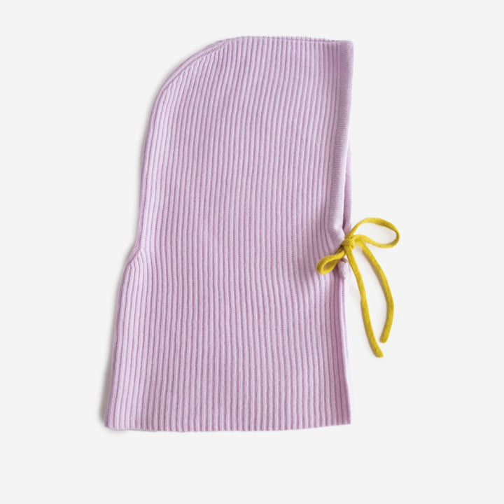 women's lilac knitted cashmere balaclava hood with contrast yellow tie