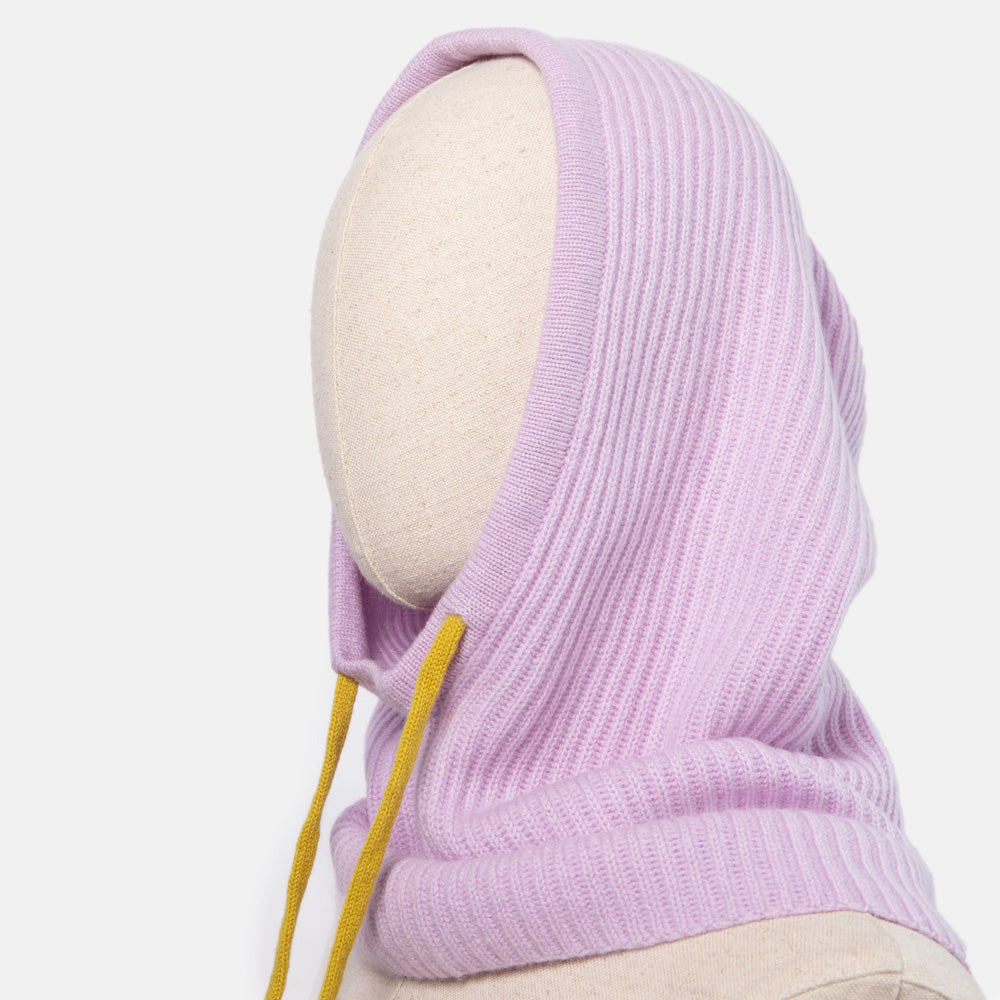 women's lilac knitted cashmere balaclava hood with contrast yellow tie
