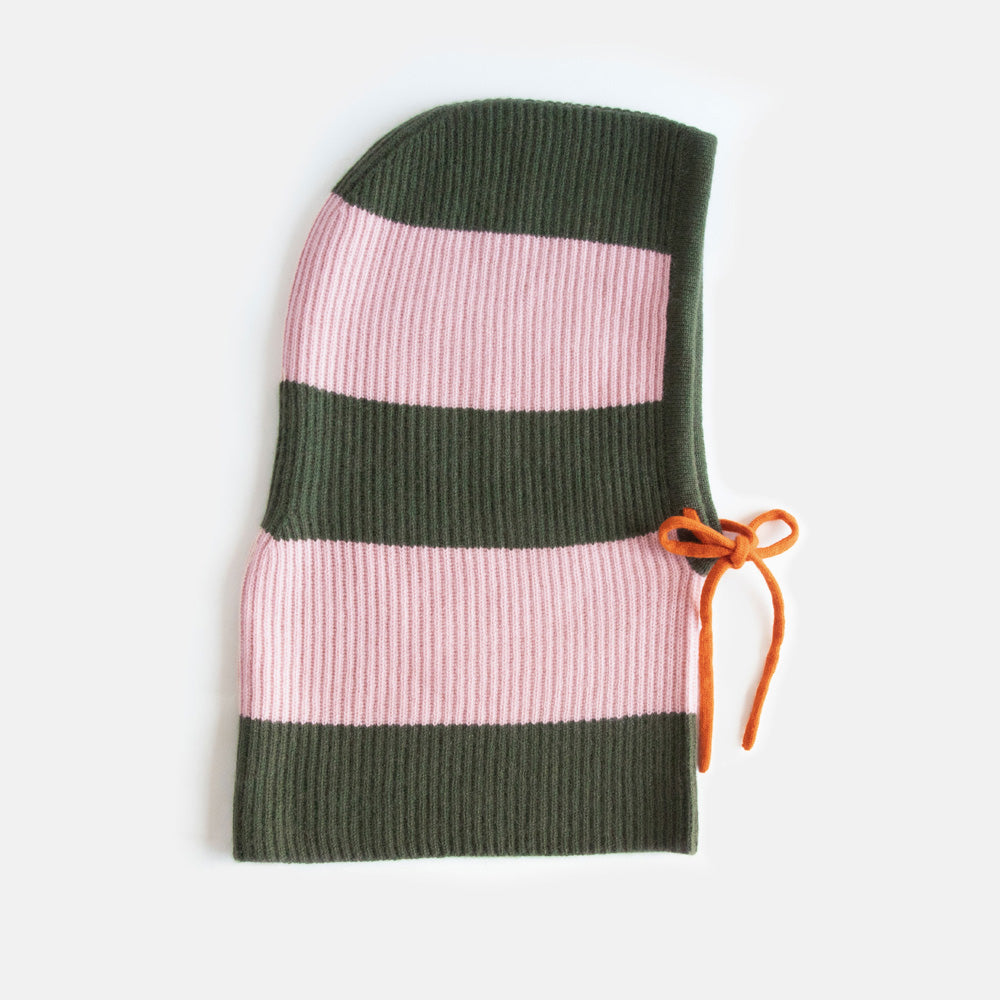 women's pink & green stripe knitted cashmere balaclava hood with orange contrast tie
