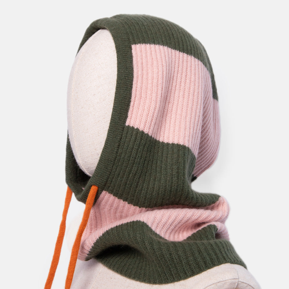 women's pink & green stripe knitted cashmere balaclava hood with orange contrast tie