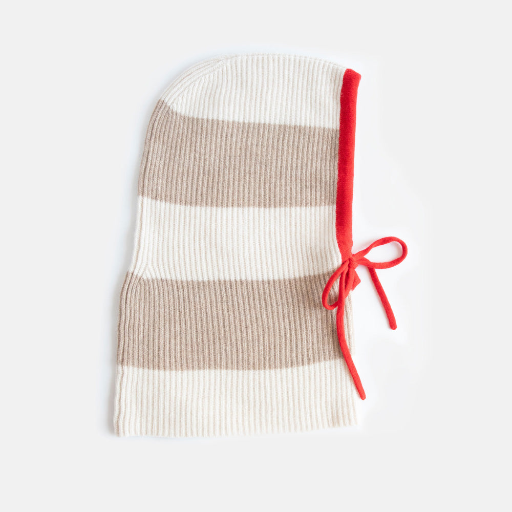 women's taupe & cream stripe knitted cashmere balaclava hood with contrast red trim and tie