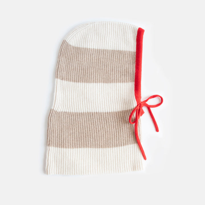 women's taupe & cream stripe knitted cashmere balaclava hood with contrast red trim and tie