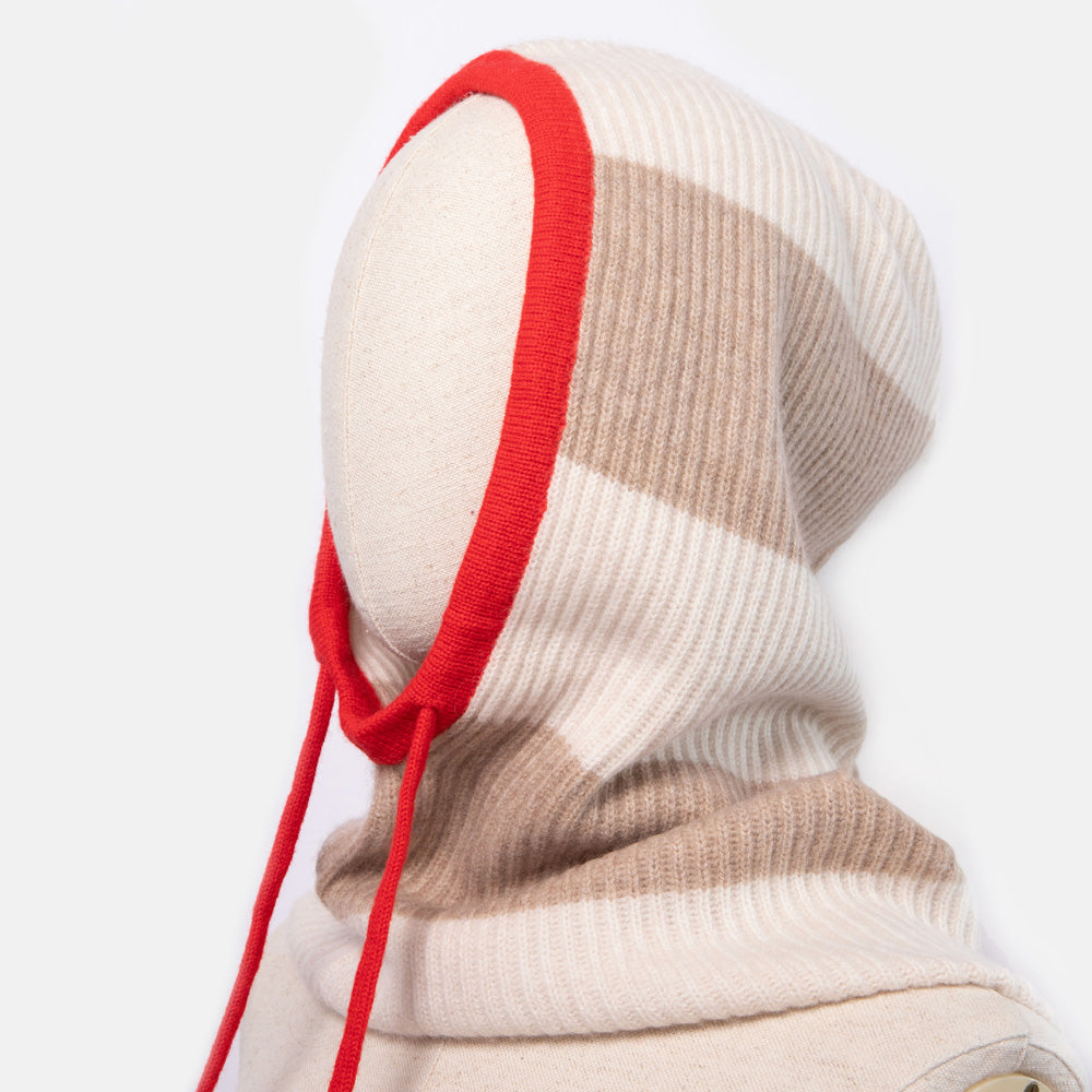 women's taupe & cream stripe knitted cashmere balaclava hood with contrast red trim and tie