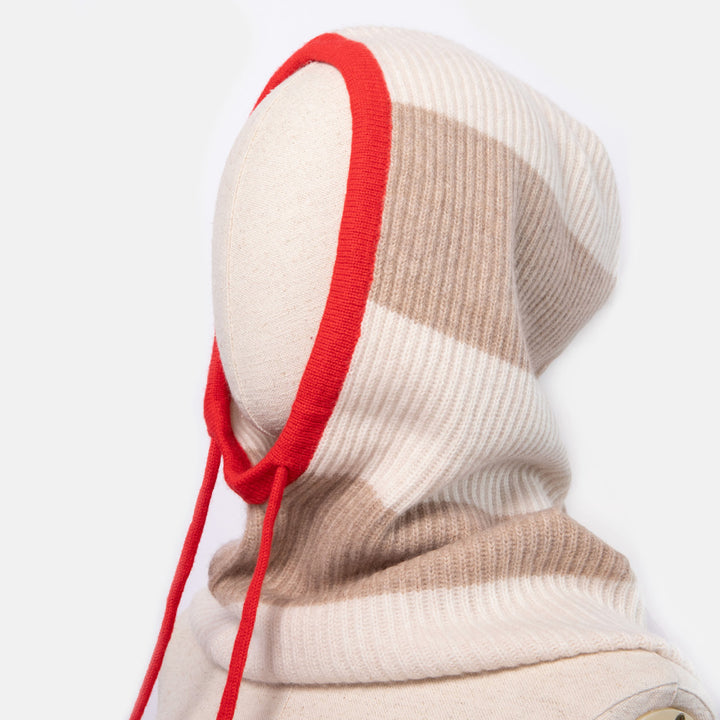women's taupe & cream stripe knitted cashmere balaclava hood with contrast red trim and tie