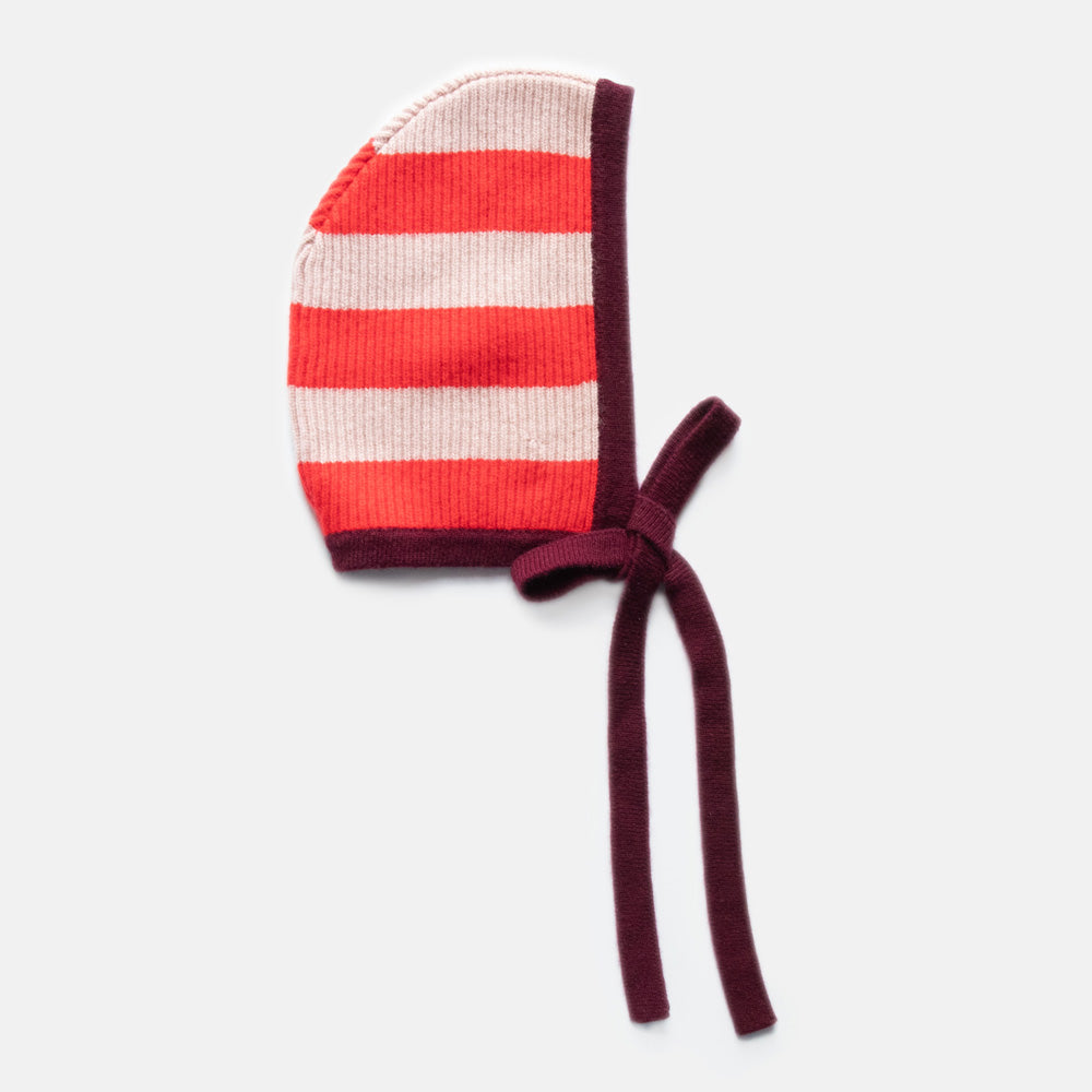 women's cashmere knitted bonnet in red & pink stripe design with burgundy trim and chin tie