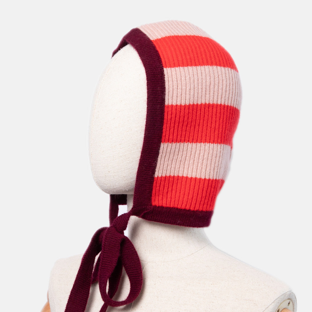 women's cashmere knitted bonnet in red & pink stripe design with burgundy trim and chin tie