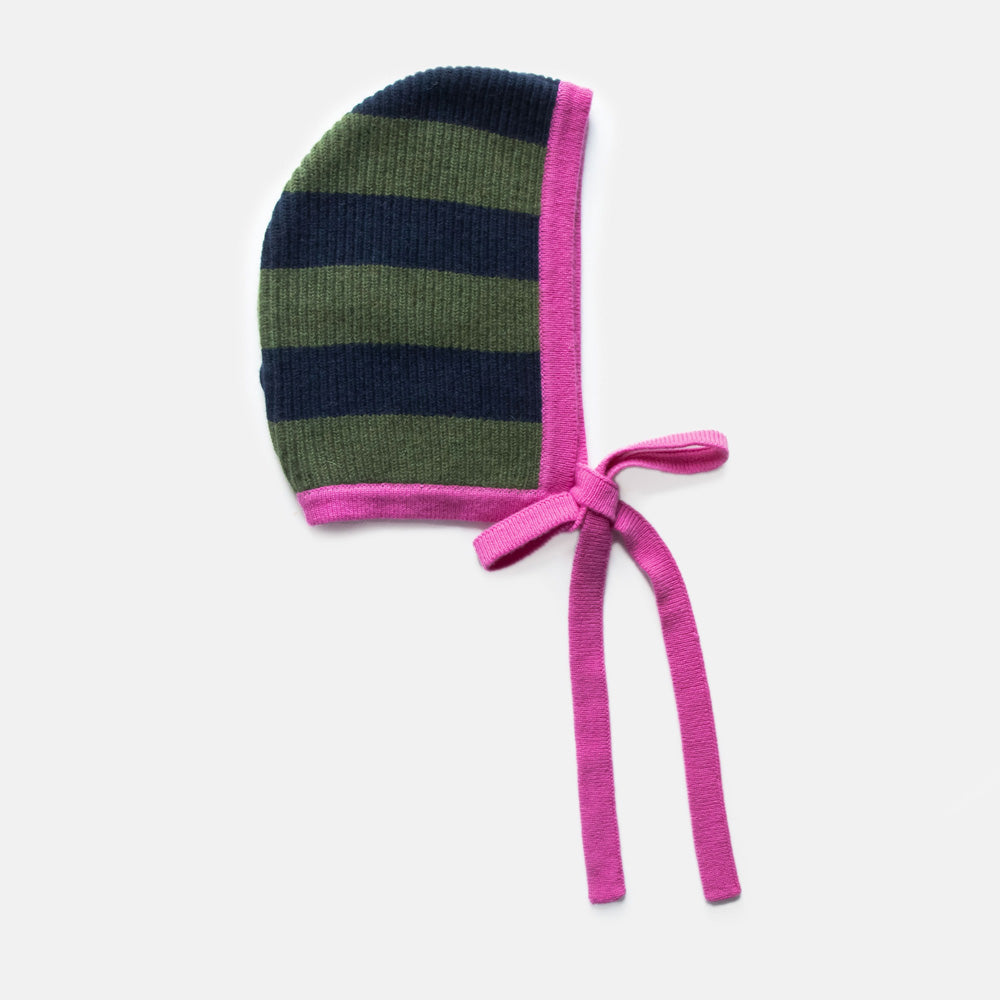 women's cashmere knitted bonnet in green & blue stripe design with pink trim and chin tie 