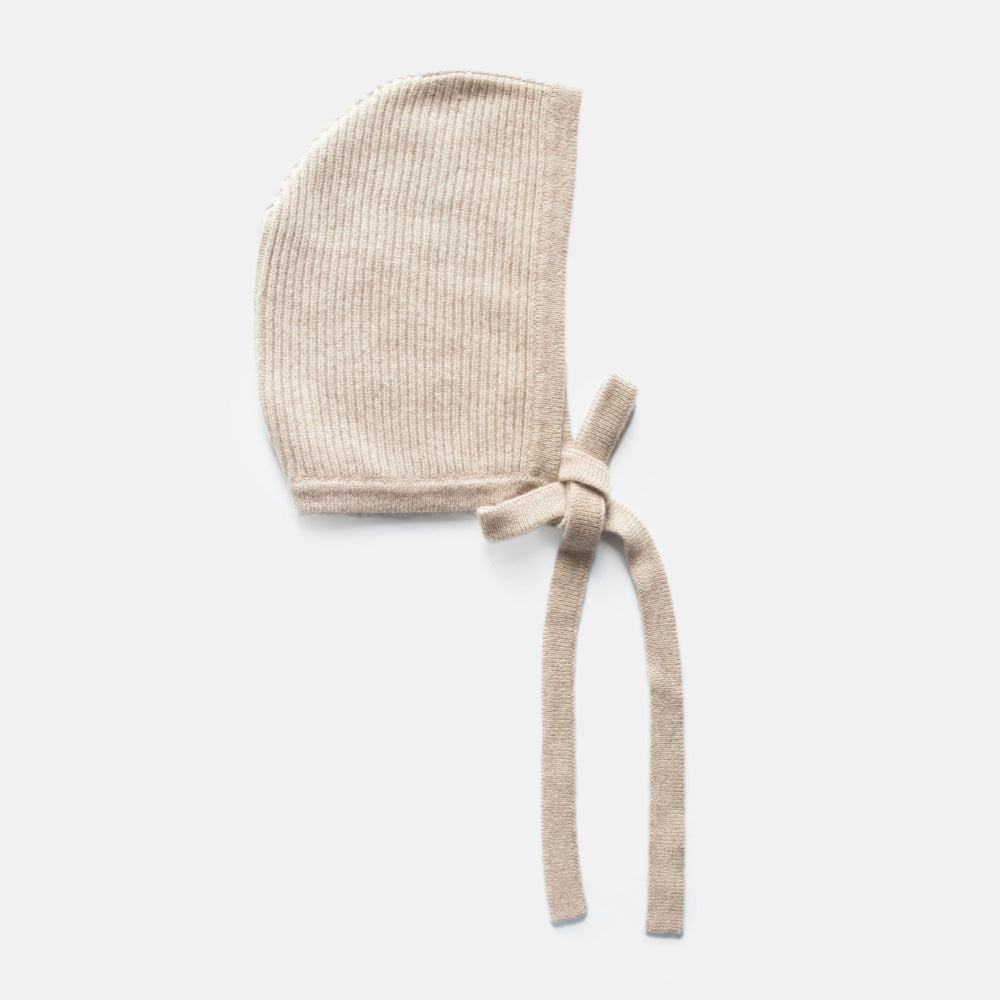 women's taupe knitted cashmere bonnet with neck tie