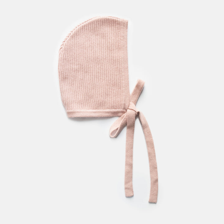 women's pale pink knitted cashmere bonnet with neck tie