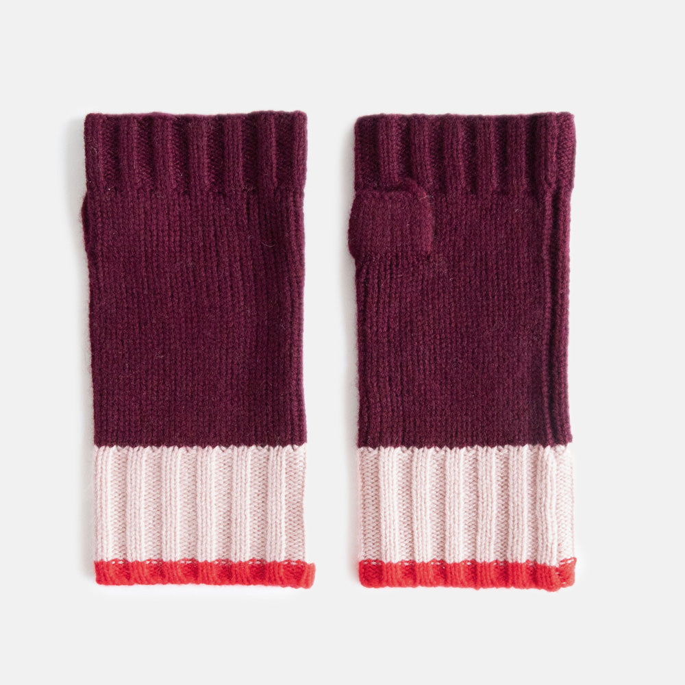women's cashmere wrist warmer gloves in burgundy with pale pink and bright red contrast rib knit wrist