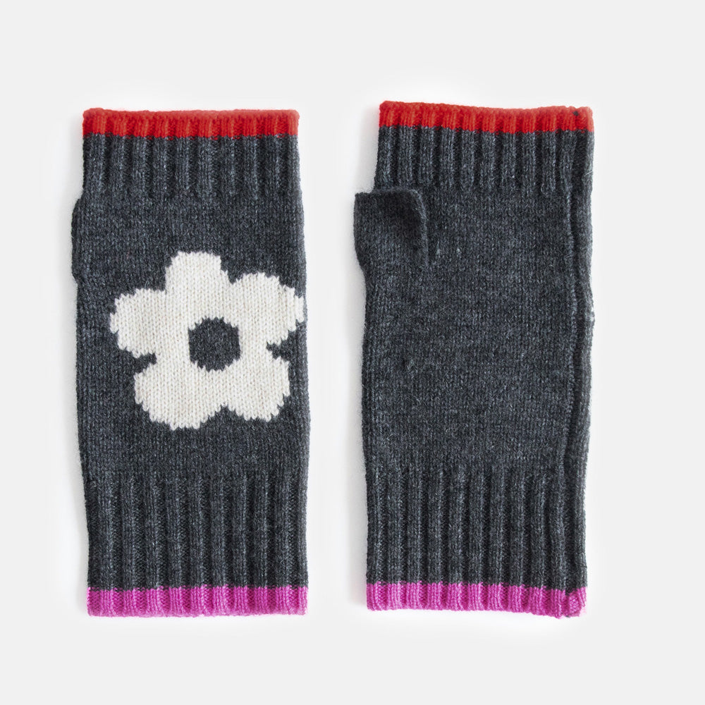 Gray fingerless gloves with a white flower design on a light gray background