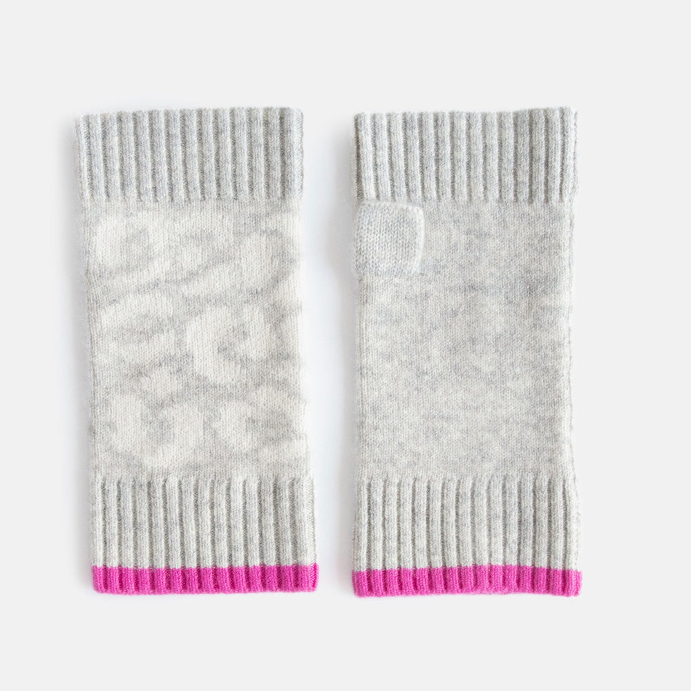 women's cashmere wrist warmers in light grey with cream leopard print and bright pink wrist trim