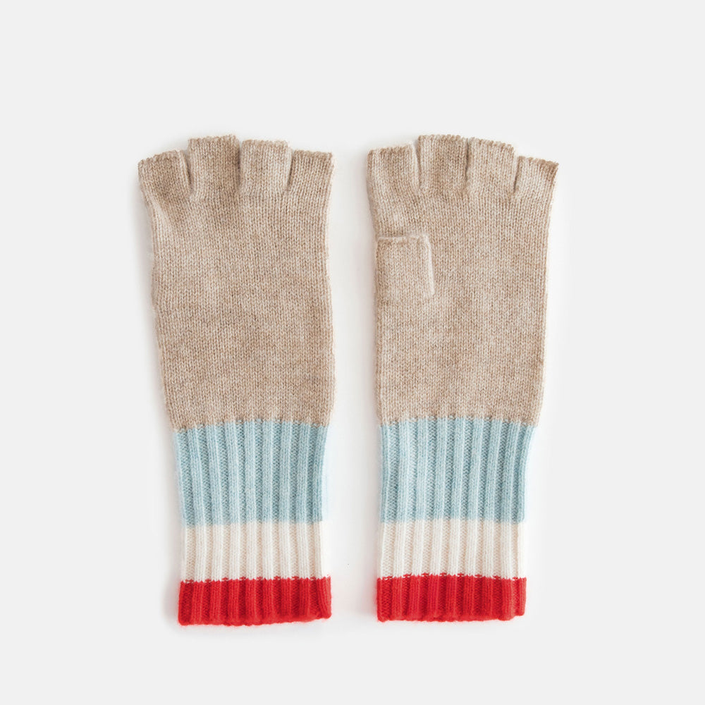 women's cashmere fingerless gloves in taupe with light blue, white and red stripe ribbed wrist