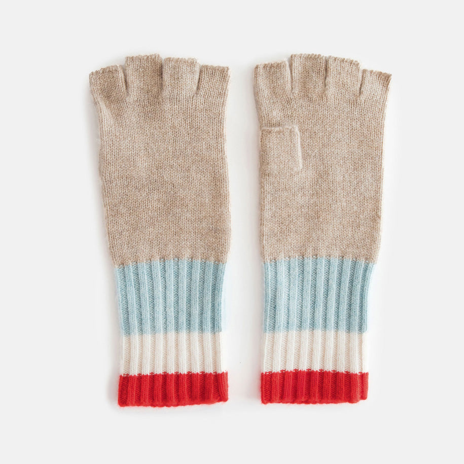 women's cashmere fingerless gloves in taupe with light blue, white and red stripe ribbed wrist