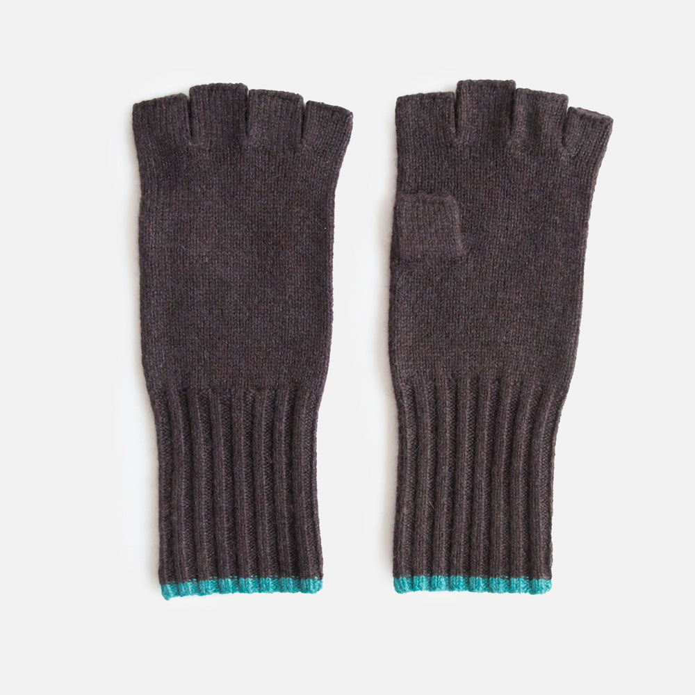 dark brown cashmere fingerless gloves with teal trim at the wrist