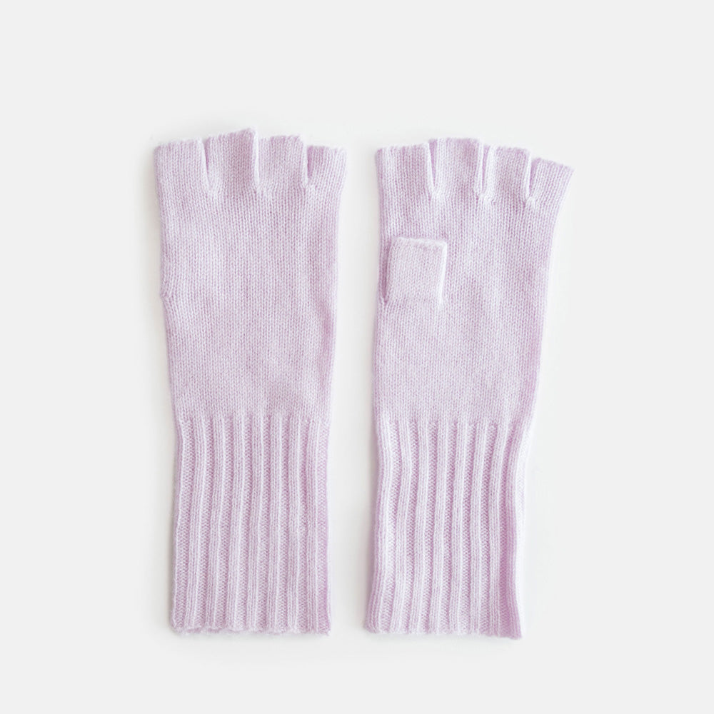 Pair of light lilac fingerless gloves on a white background