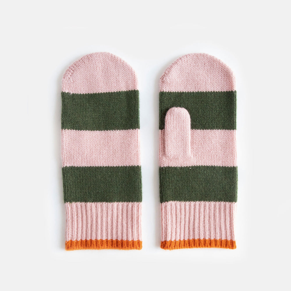 Pair of striped mittens with pink and green pattern on a white background
