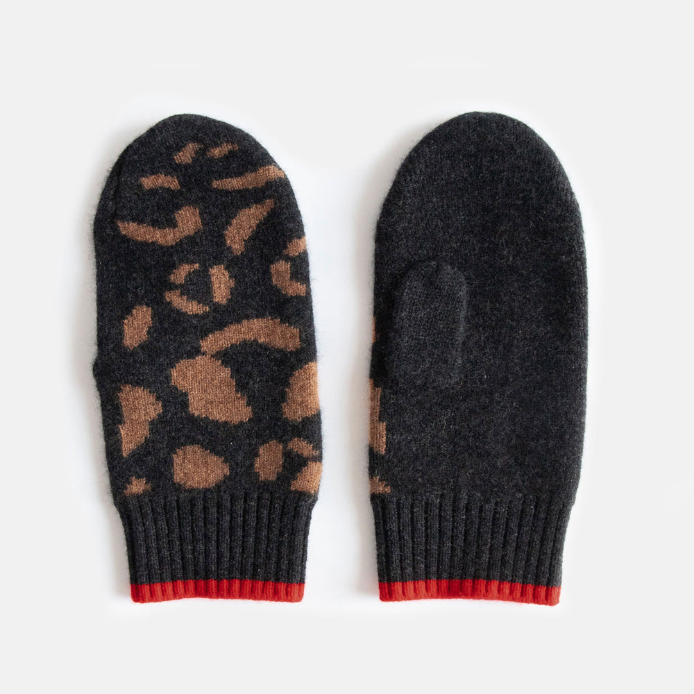 Pair of dark gray mittens with brown leopard print pattern on a light gray background