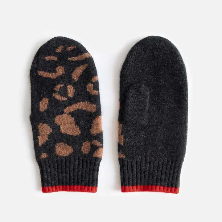 Pair of dark gray mittens with brown leopard print pattern on a light gray background