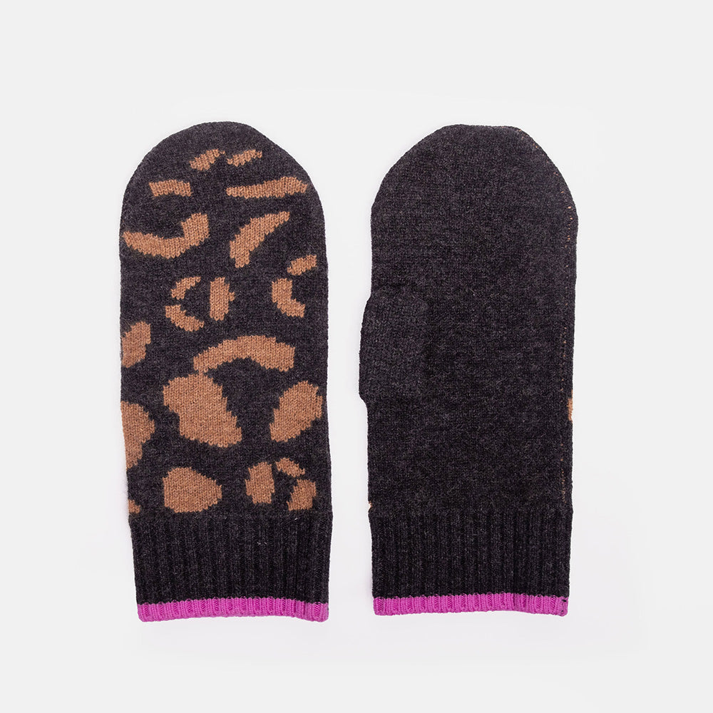 Pair of dark grey mittens with brown leopard print pattern on a light grey background
