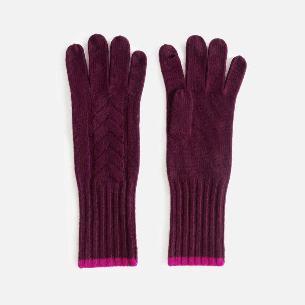 women's cashmere cable knit gloves in burgundy with raspberry wrist trim