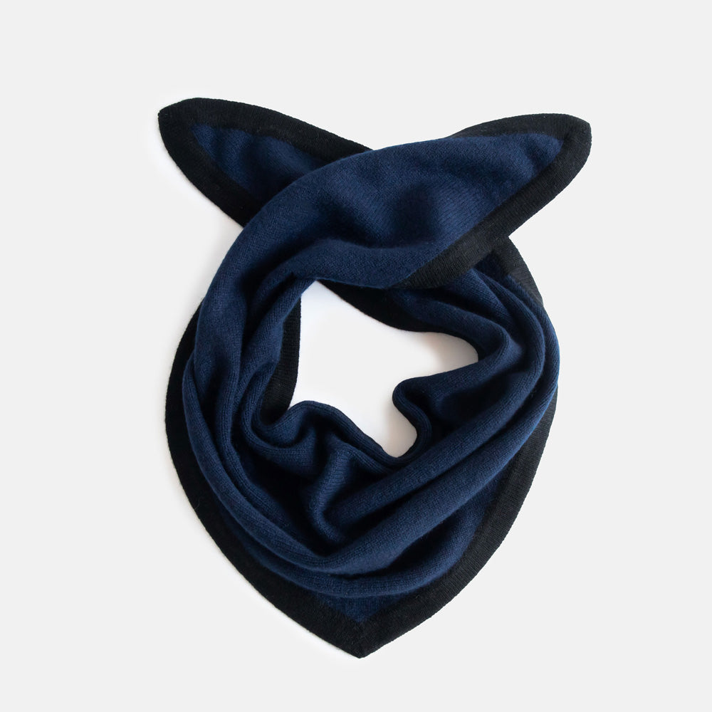 women's cashmere triangle scarf in navy blue with black trim