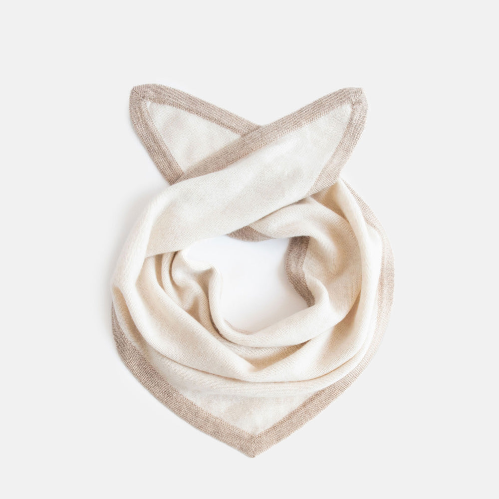 women's cashmere triangle scarf in cream colour with taupe trim