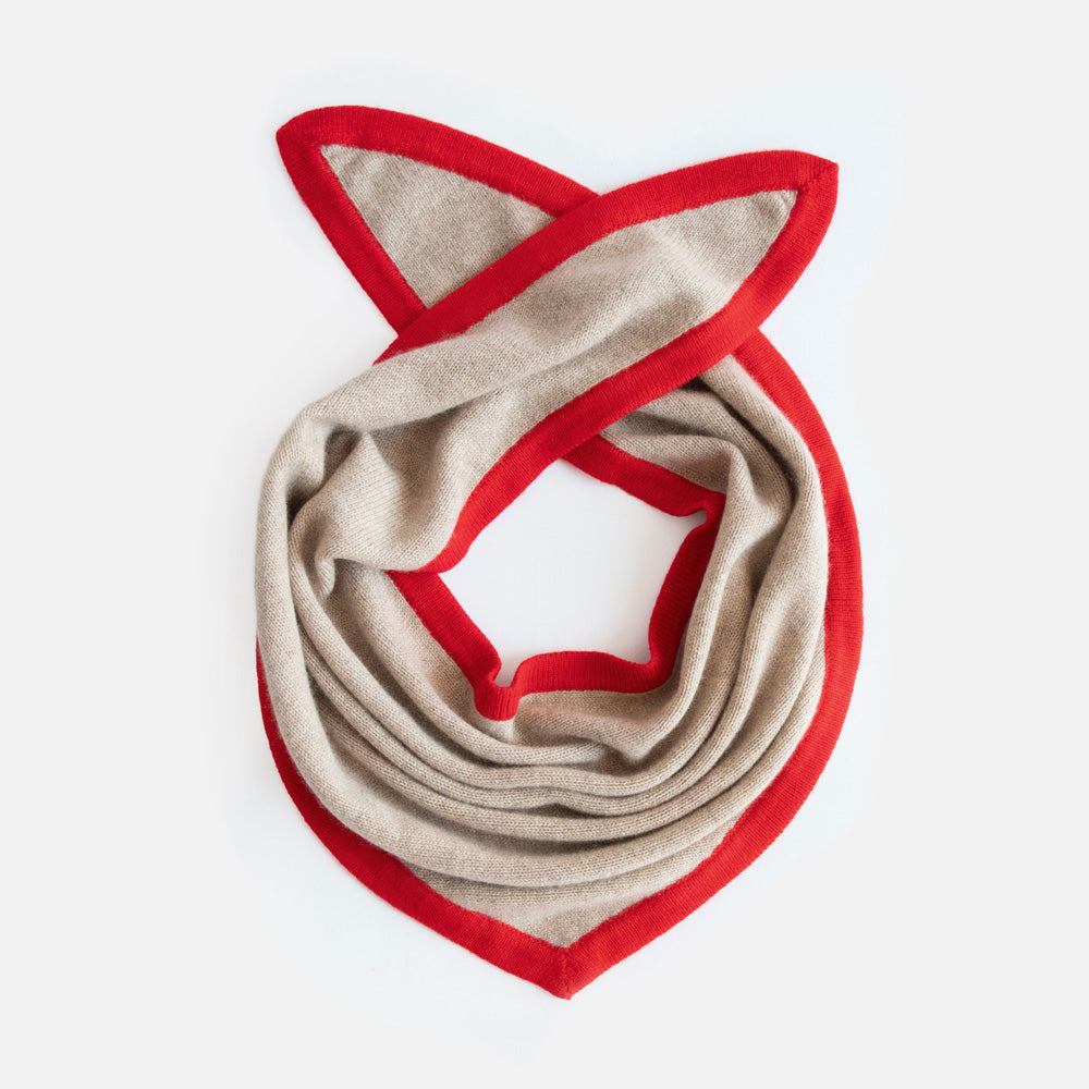 women's cashmere triangle scarf in camel with red trim