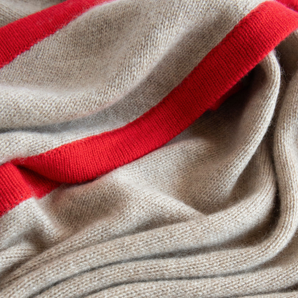 women's cashmere triangle scarf in camel with red trim