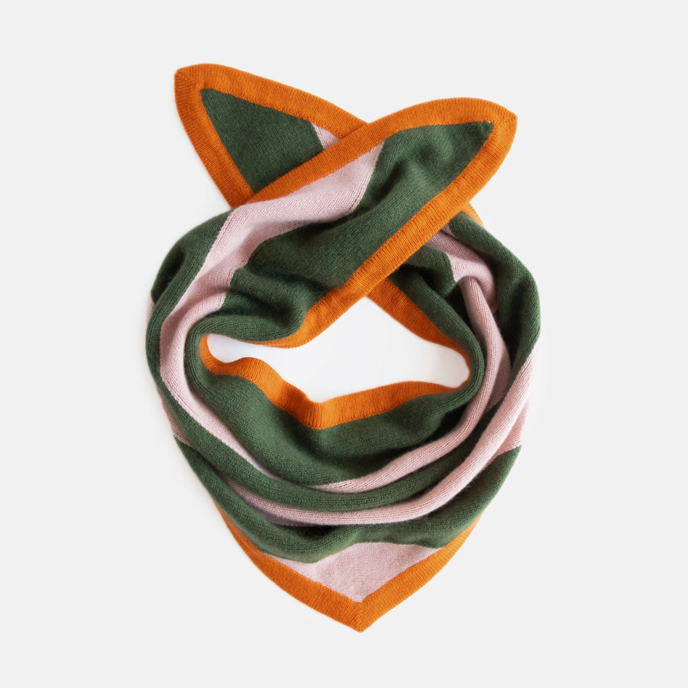 women's cashmere triangle scarf in green & pink stripe with contrast orange trim 