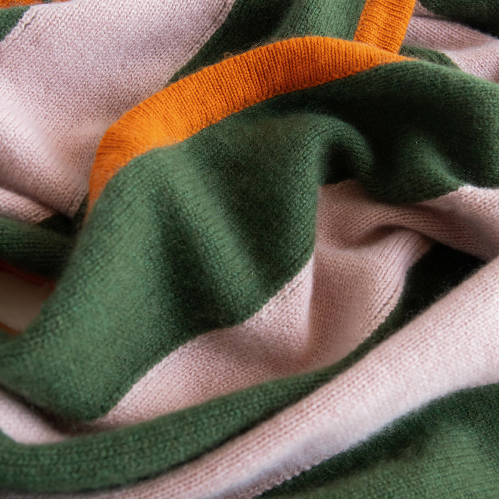 women's cashmere triangle scarf in green & pink stripe with contrast orange trim 