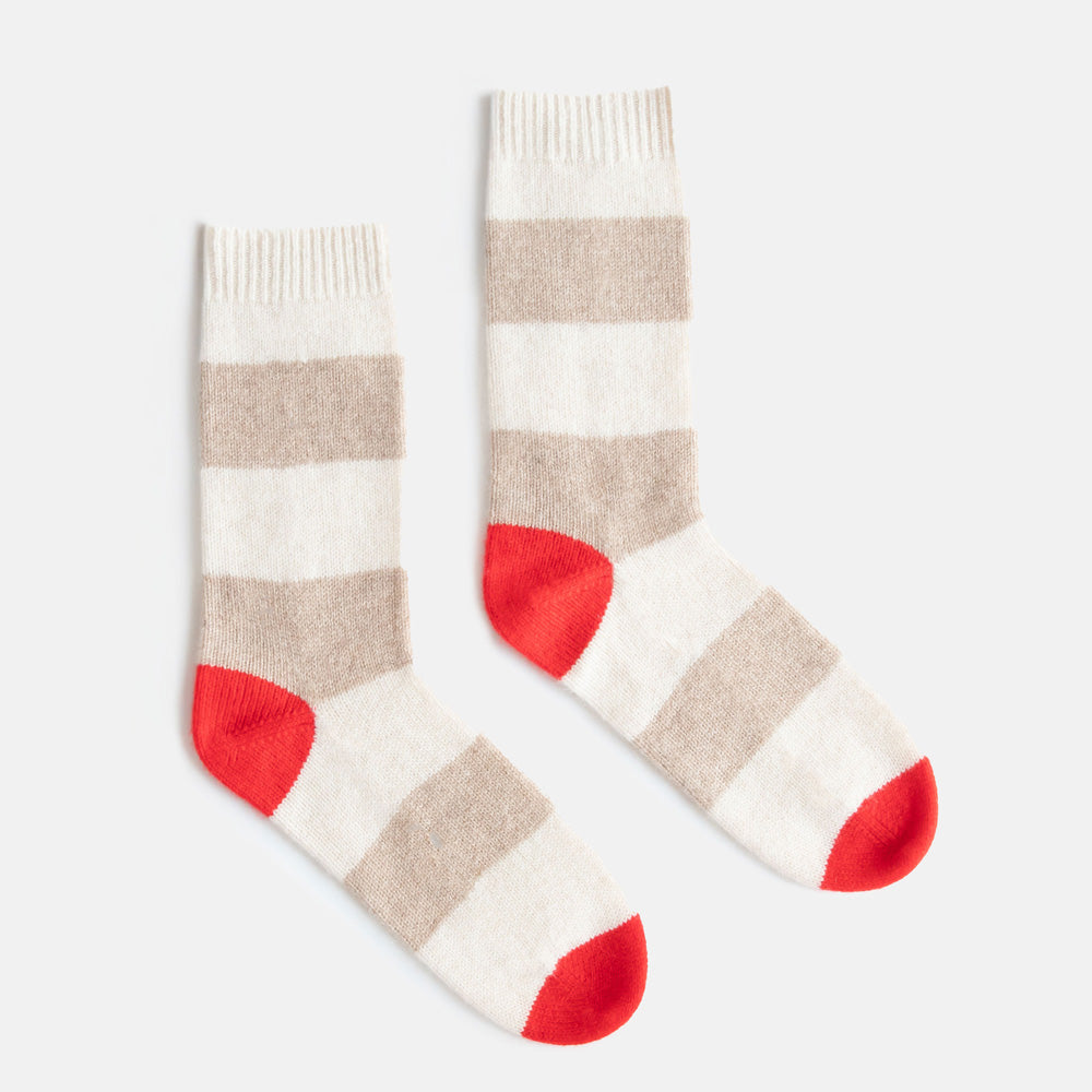 women's cashmere bed socks in taupe & cream wide stripe design with bright red contrast heel & toe