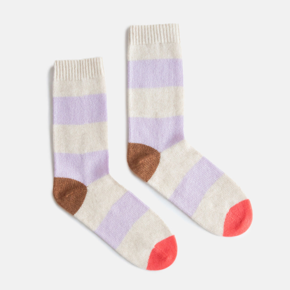 women's cashmere bed socks in cream & lilac wide stripe design with brown contrast heel & coral orange toe