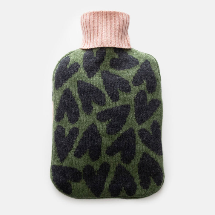 pure merino hot water bottle cover in khaki green with dark grey hearts and contrast pale pink neck