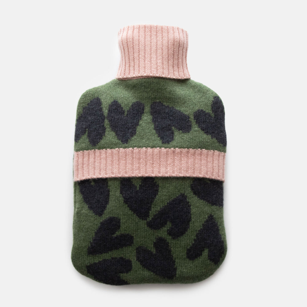 pure merino hot water bottle cover in khaki green with dark grey hearts and contrast pale pink neck
