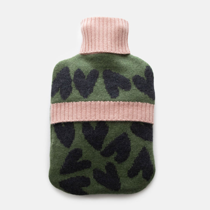 pure merino hot water bottle cover in khaki green with dark grey hearts and contrast pale pink neck