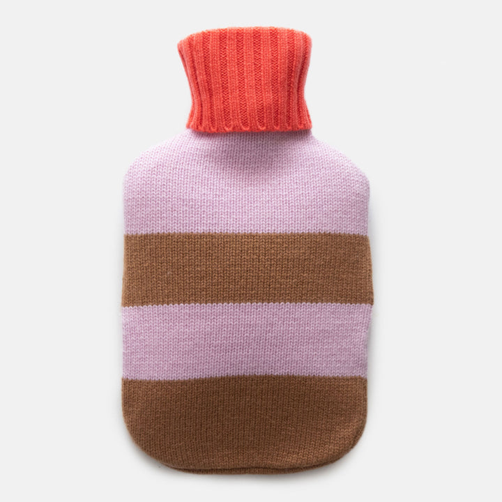 knitted merino wool hot water bottle in brown & lilac wide stripe with coral orange contrast neck